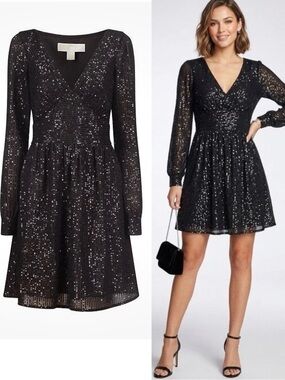 MICHAEL Michael Kors Mini Dress Black Silver Sequin Long Sleeve LBD Small